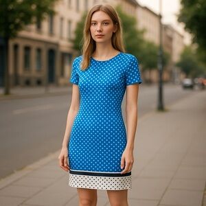 NWT Karl Lagerfeld Paris Polka-Dot Border-Print Short-Sleeve Shift Dress